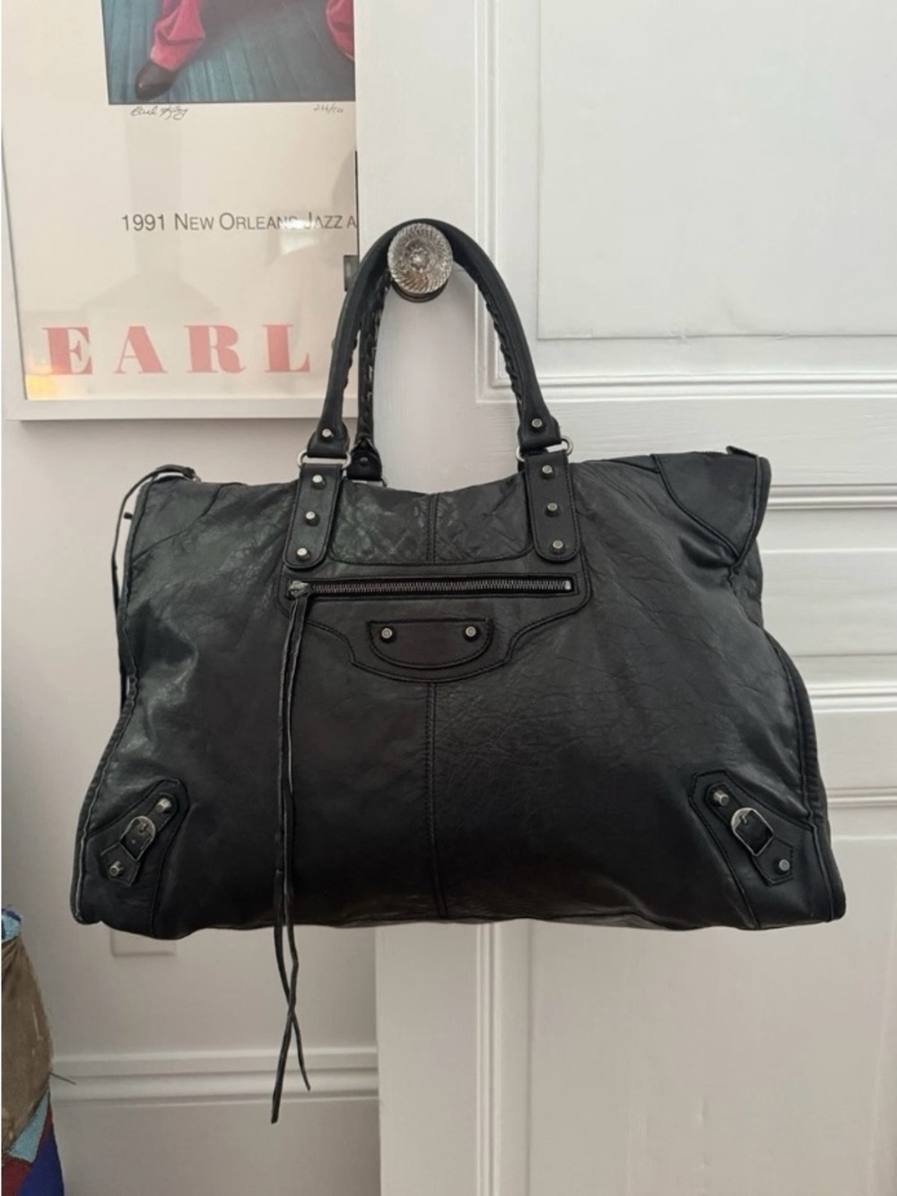 Vintage Black Balenciaga Motorcycle City Weekender Bag Agneau XL Y2K Unisex